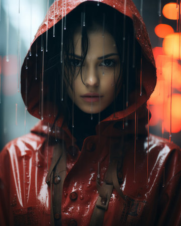 a woman in a red raincoat standing in the rainの素材