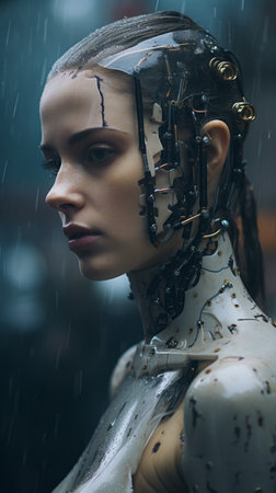 a woman in a robot suit standing in the rainの素材