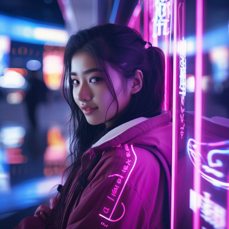 a woman in a pink jacket standing in front of neon signsの素材