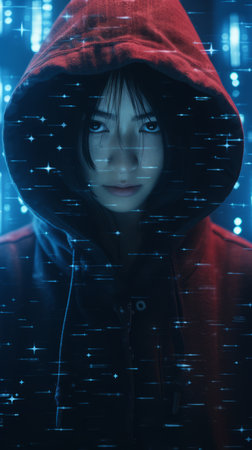 a woman in a red hoodie standing in front of a computer screenの素材