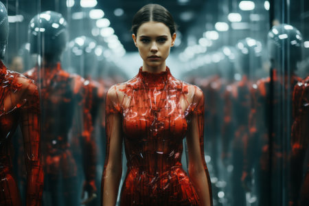 a woman in a red dress standing in front of a mirrorの素材