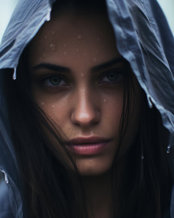 a woman in a rain jacket with her eyes closedの素材