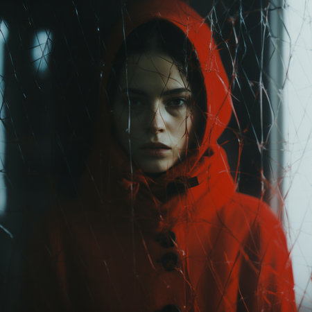 a woman in a red hoodie standing in front of a windowの素材