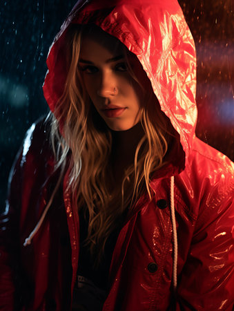 a woman in a red rain jacket standing in the rainの素材