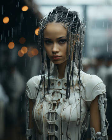 a woman in a robot costume standing in the rainの素材