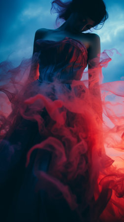 a woman in a red dress standing in front of a blue skyの素材