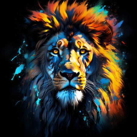 a lion with colorful paint splatters on its faceの素材