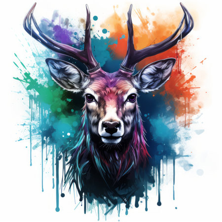 a painting of a deer with colorful paint splattersの素材