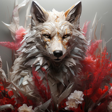 a white wolf is surrounded by red flowersの素材