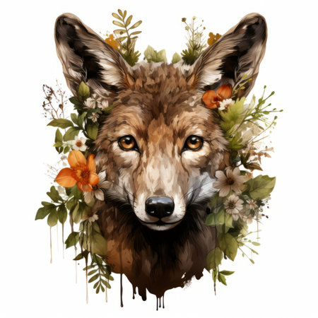a painting of a wolf with flowers on itの素材