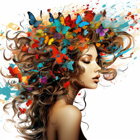 a woman with colorful butterflies on her headの素材