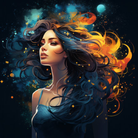 a woman with long hair and stars in her hairの素材