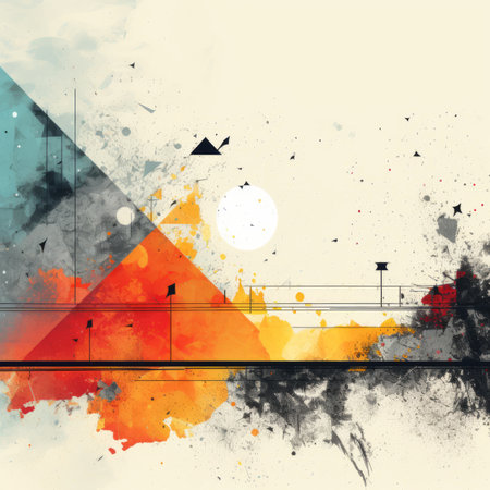 abstract background with colorful geometric shapes and paint splattersの素材