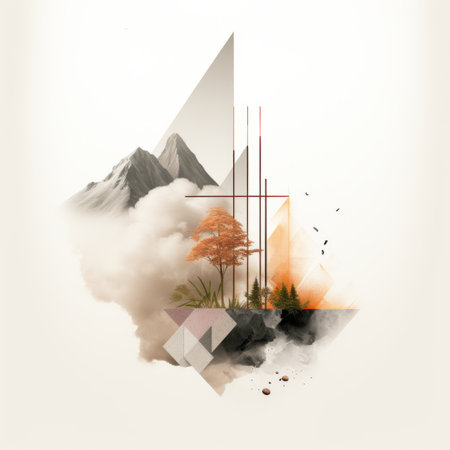 an abstract illustration of mountains trees and cloudsの素材