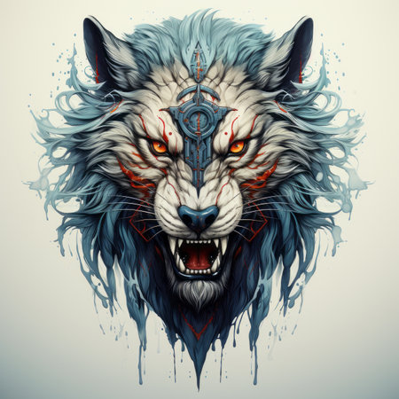 an illustration of a wolf head with blood splatters on itの素材