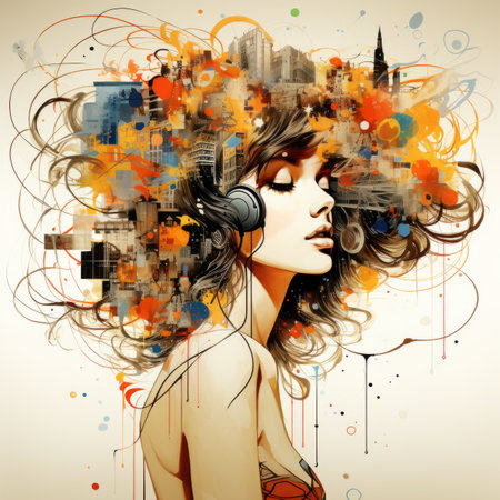 an artistic illustration of a woman with headphonesの素材