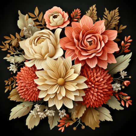 an illustration of a bouquet of flowers on a black backgroundの素材