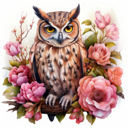 an illustration of an owl sitting on a branch surrounded by flowersの素材