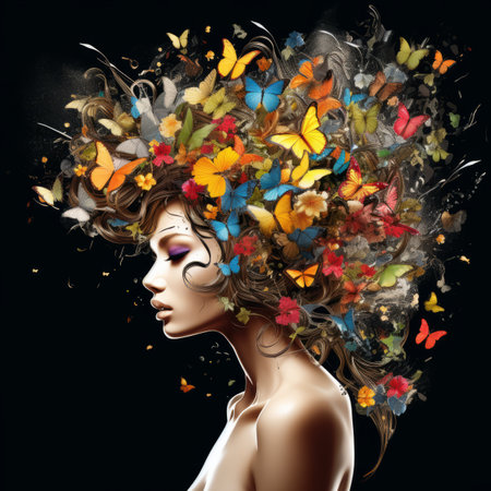 beautiful woman with colorful butterflies in her hairの素材
