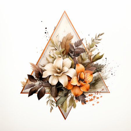 watercolor flowers and leaves in a triangle shape on a white backgroundの素材