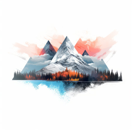 watercolor mountains and trees on a white backgroundの素材