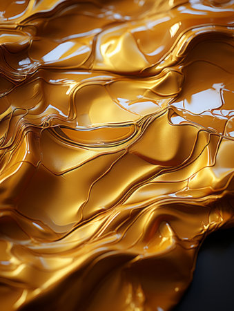 3d rendering of gold liquid on a black surfaceの素材