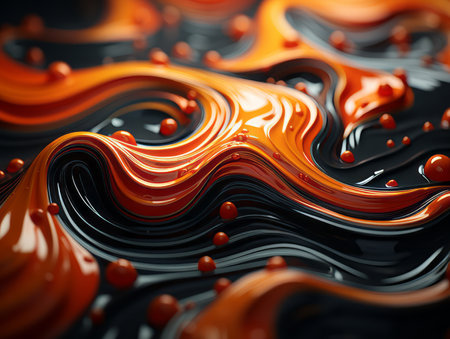 3d rendering of orange and black liquid flowing over a black backgroundの素材