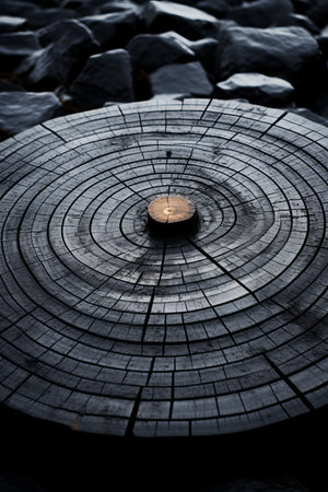 a black circular piece of wood sitting on top of rocksの素材