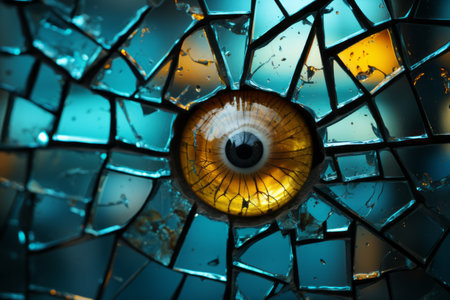 a close up of a broken glass with an eye in itの素材
