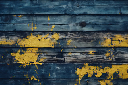 a close up of a blue and yellow painted wood wallの素材