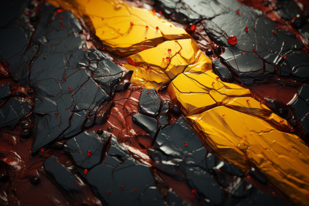 a close up of a crack in the ground with a yellow and black paintの素材