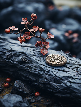 a close up of a coin and a flower on a logの素材