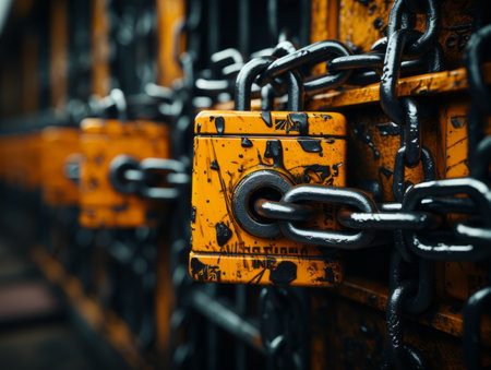 a close up of a chain lock with a padlock on itの素材