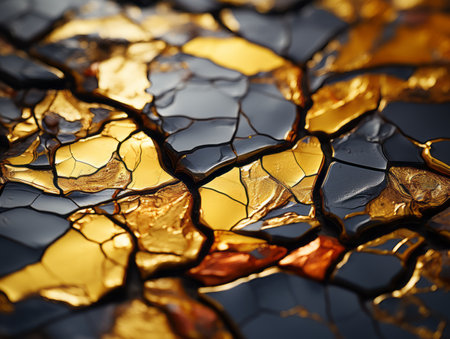a close up of a cracked glass surface with gold and blackの素材