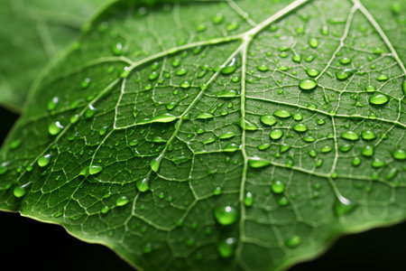 a close up of a green leaf with water dropletsの素材