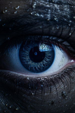 a close up of a mans eye with water droplets on itの素材