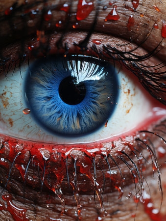 a close up of a persons eye with blood on itの素材