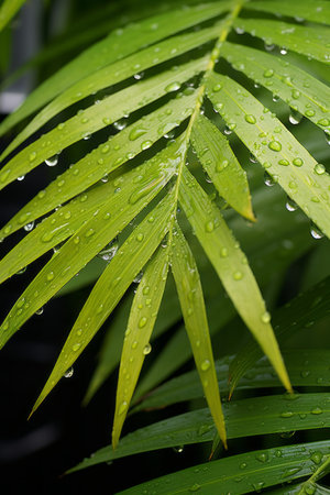 a close up of a palm leaf with water droplets on itの素材