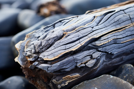 a close up of a piece of wood on a rocky beachの素材