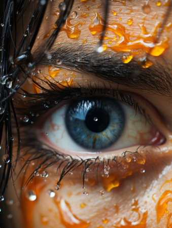 a close up of a womans eye with water droplets on itの素材