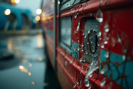 a close up of a red bus with water on itの素材