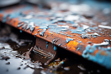 a close up of a rusted metal surface with water droplets on itの素材