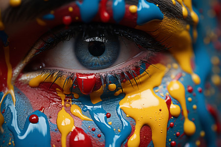 a close up of a womans eye with paint splatters on itの素材