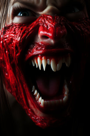 a close up of a womans face covered in bloodの素材