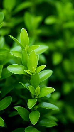 a close up of green leaves on a bushの素材