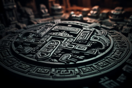 a close up of an ancient mayan symbol on a black backgroundの素材
