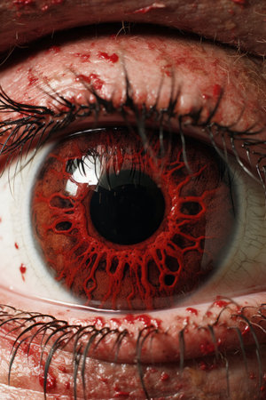 a close up of an eye with blood on itの素材