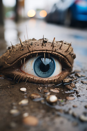 a close up of an eye in a puddle of waterの素材