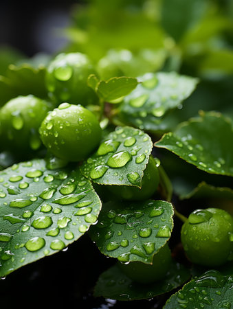 a close up of green leaves with water droplets on themの素材