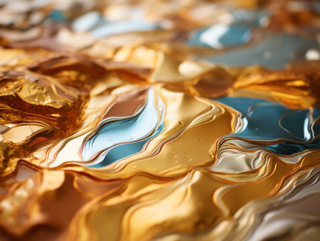 a close up of gold silver and blue liquidの素材